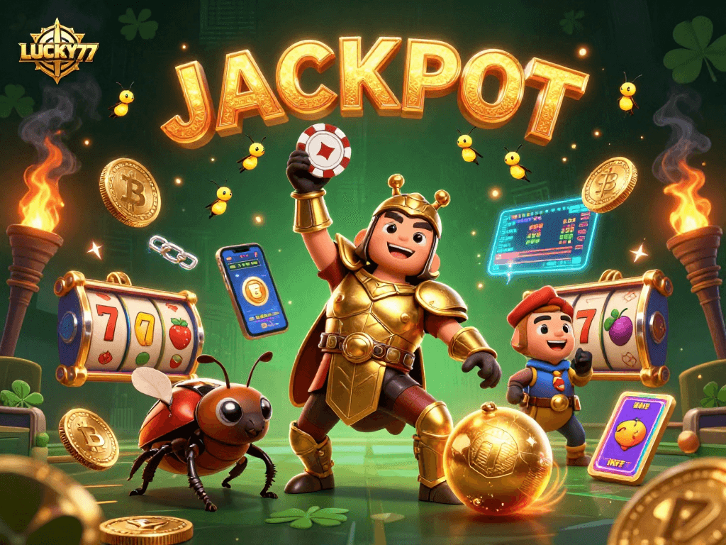 LUCKY77 celebrates a big win with animated characters and slot elements in a vibrant casino scene.