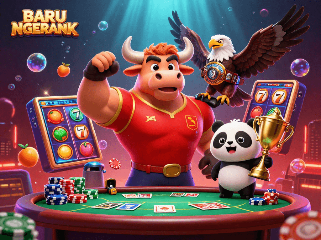 Experience the excitement at BARU NGERANK with our dynamic slot-themed illustration showcasing a victorious mascot trio in a rich casino scene.
