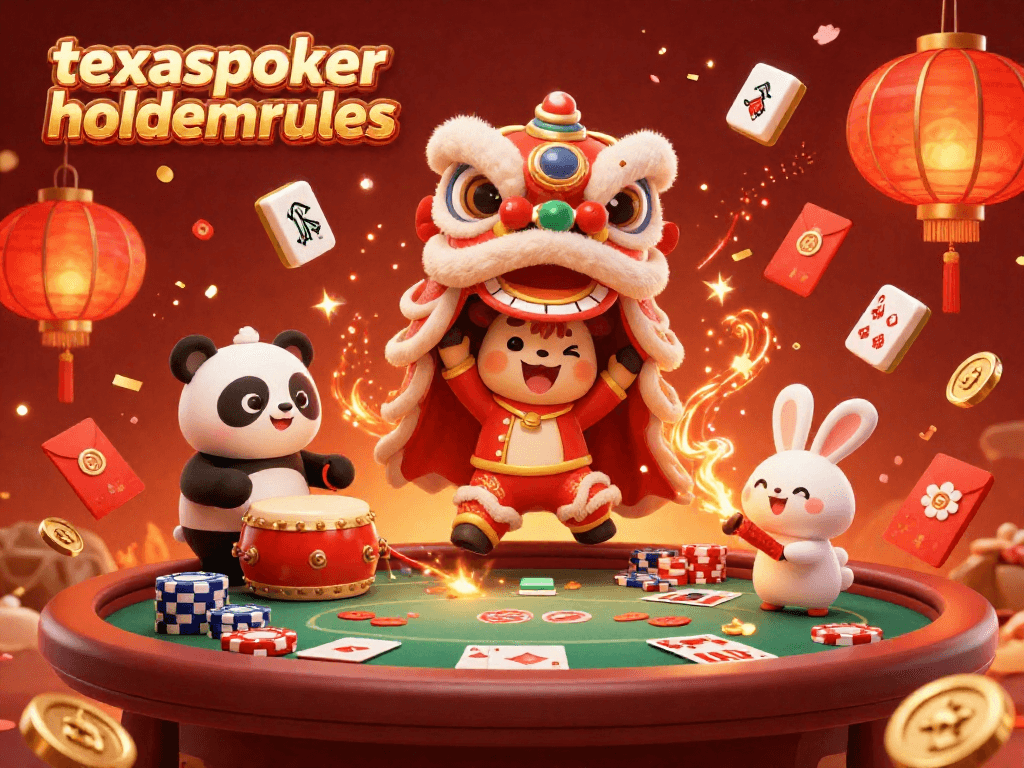 Experience the thrill of texaspokerholdemrules with a festive poker scene featuring animated characters and vibrant decorations.
