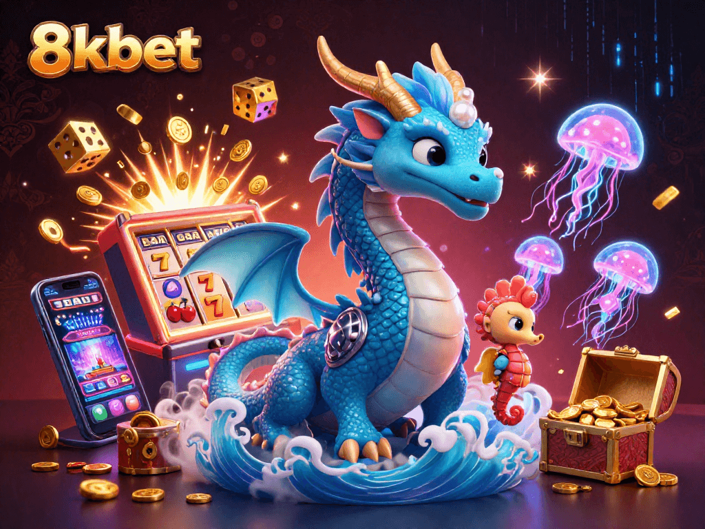 Engage with the exciting world of 8kbet through an ultra-detailed 3D illustration of casino gaming elements.