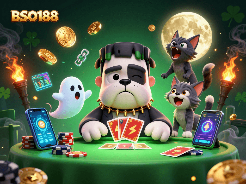 Experience the thrill of BSO188 with a lively scene featuring a Frankenstein bulldog dealing cards amidst glowing cryptocurrencies.