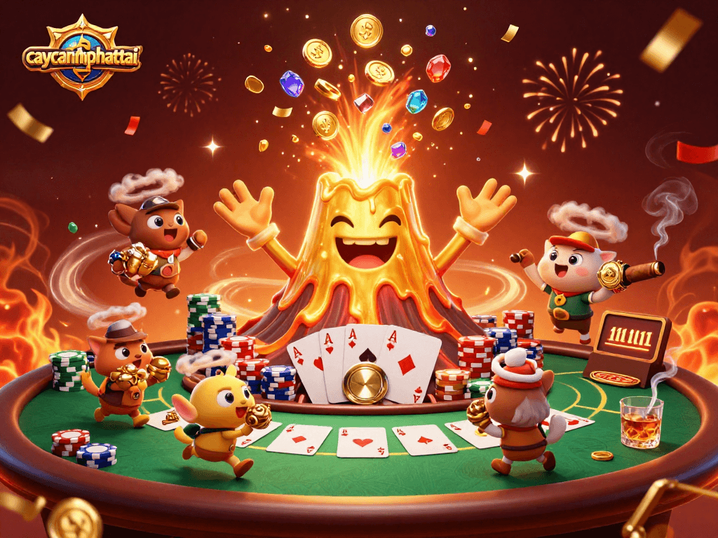 Experience excitement in caycanhphattai with a captivating 3D volcano showering treasures in a dynamic casino scene.