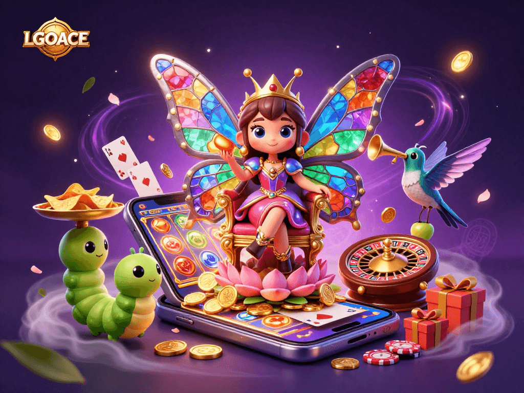 LGOACE captivates players with a vibrant 3D casino scene featuring a regal butterfly queen, golden chips, and exciting gambling elements.