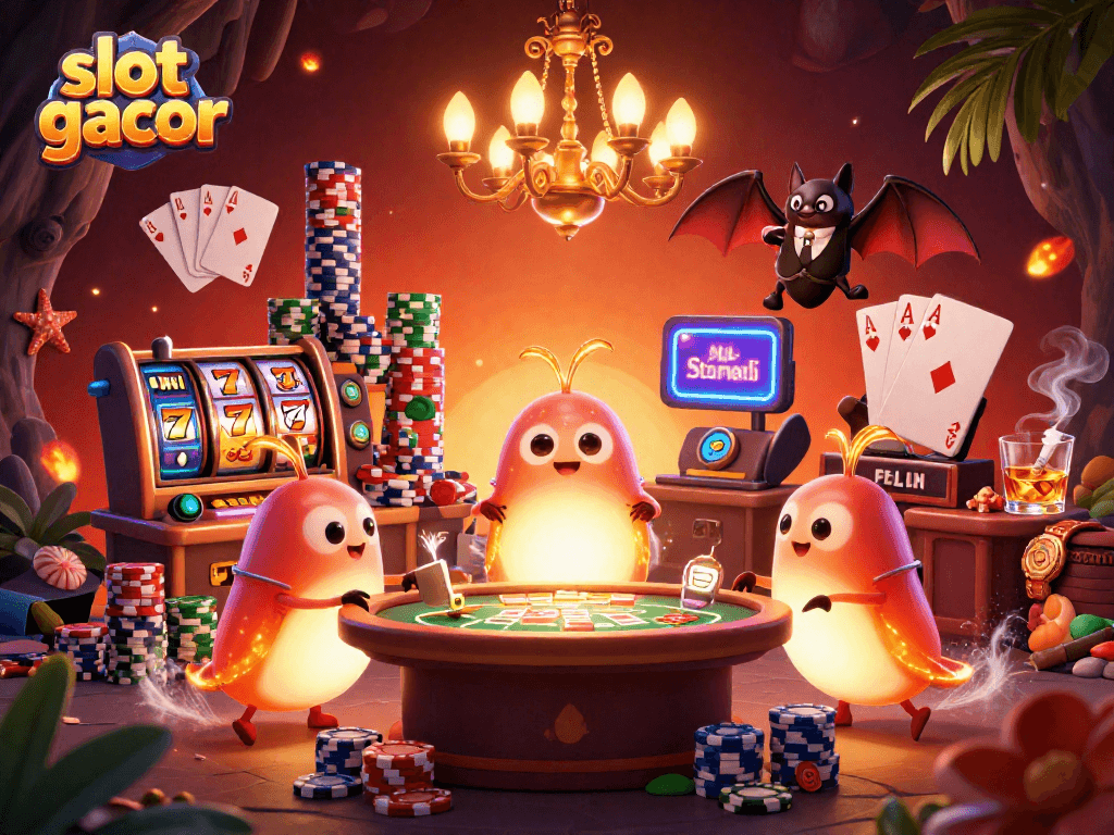 Slot gacor menggambar suasana kasino dengan makhluk bercahaya dan dealer unik.