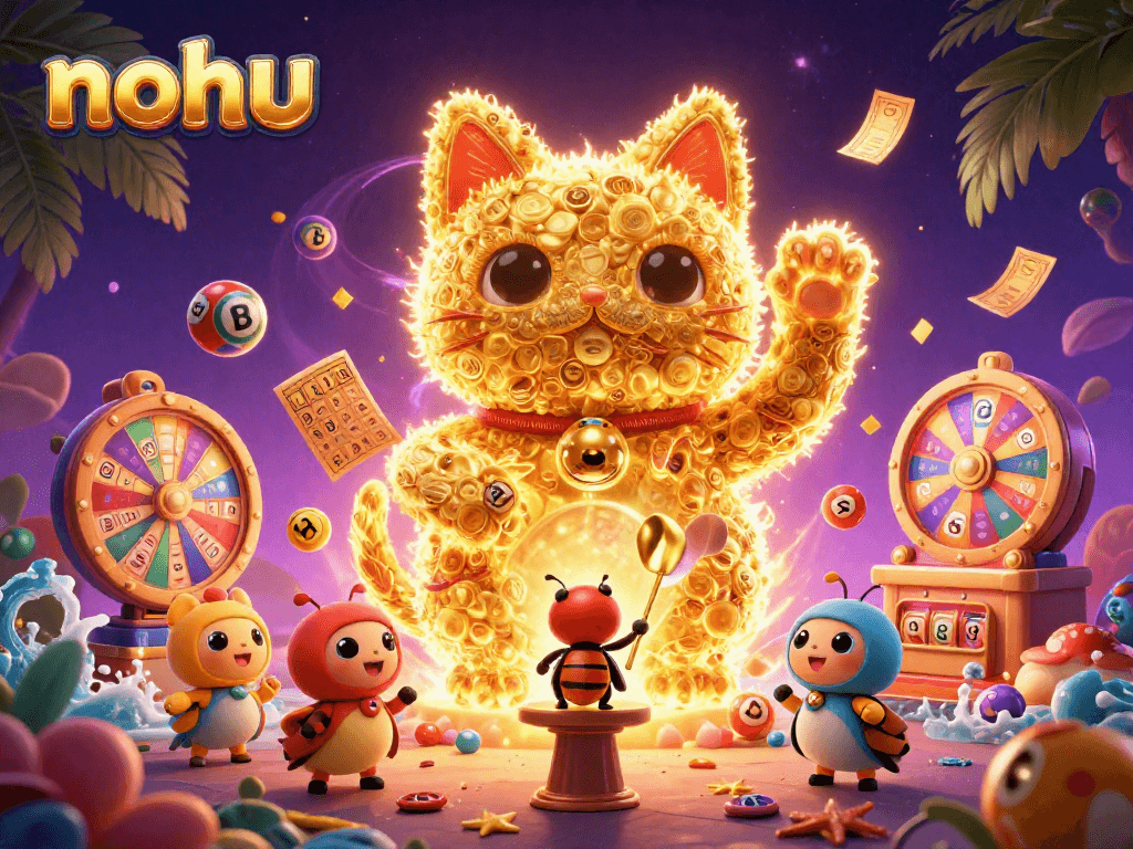 Experience the thrilling nohu jackpot with vibrant symbols and lucky cat animated in a rich casino scene.