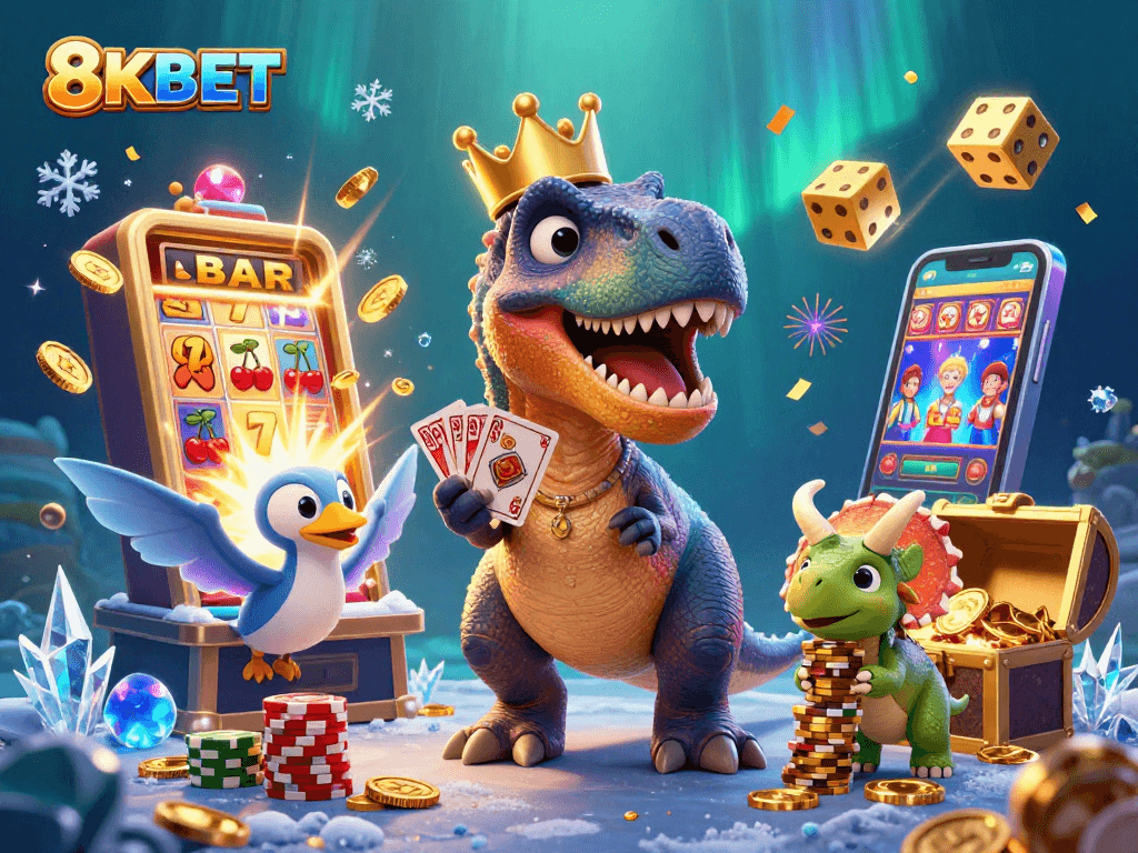 Join the excitement at 8KBET with a lively scene of cartoon dinosaurs gambling.