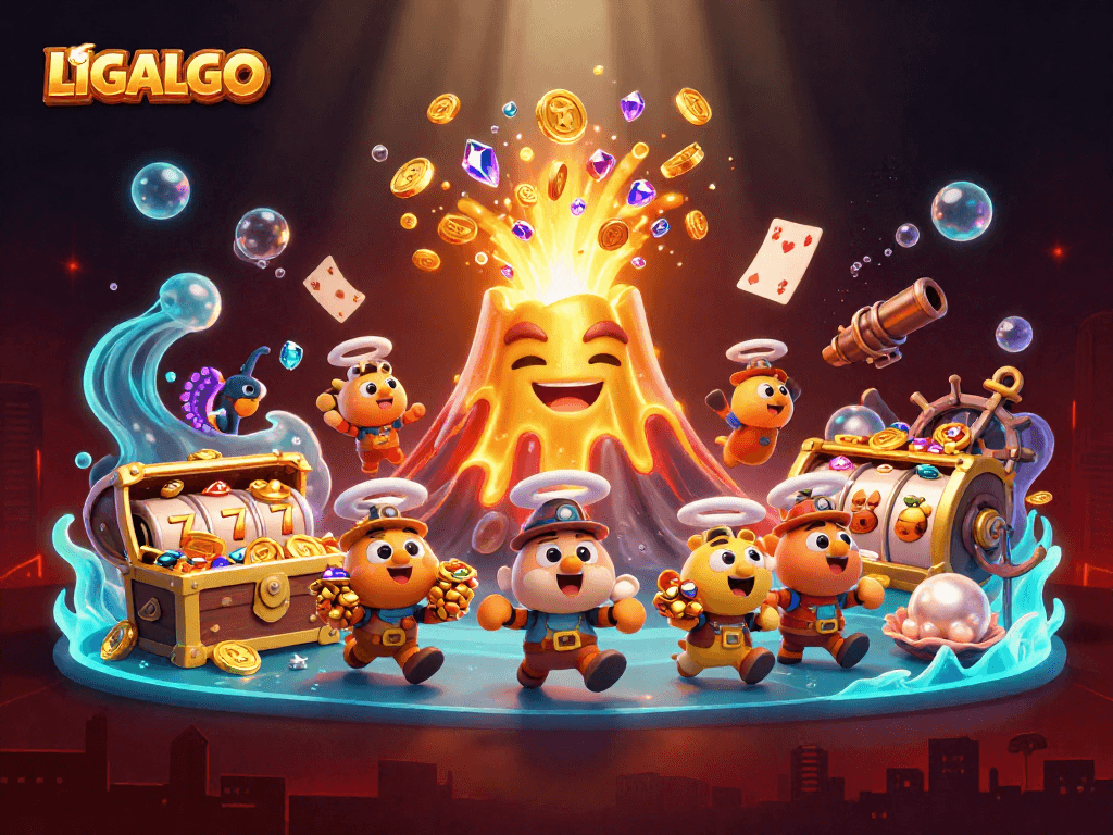 LIGALGO showcases a vibrant 3D scene of excitement with a golden volcano and slot elements
