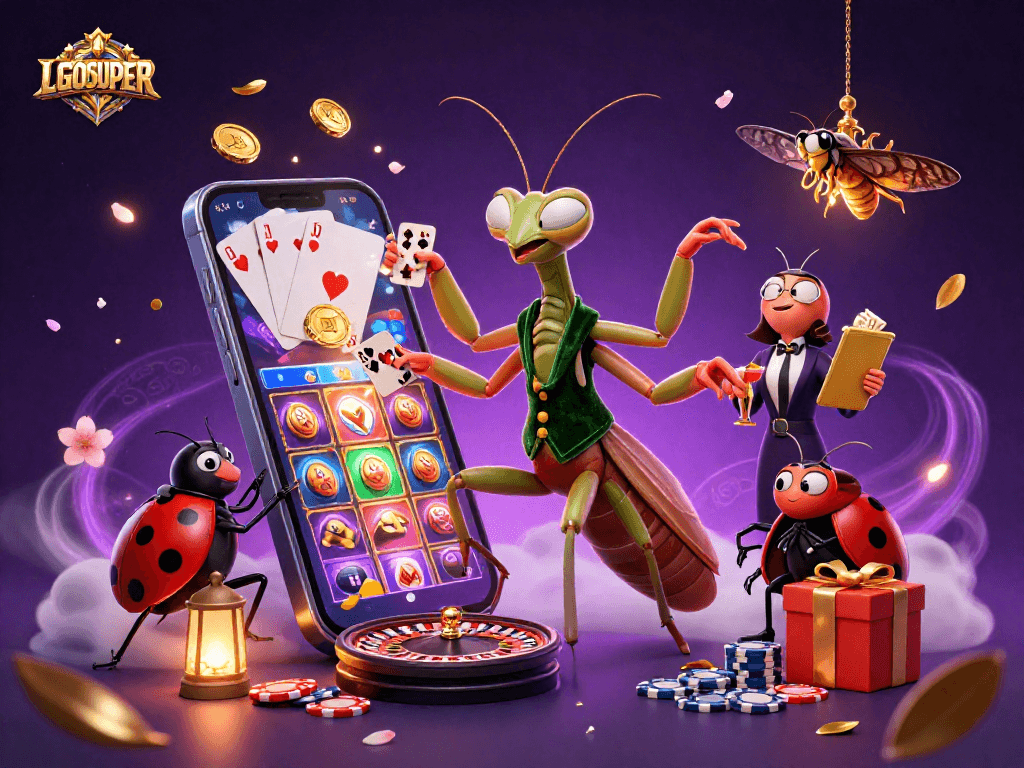 Engage with LGOSUPER as a giant praying mantis card sharp deals cards, enhancing your gaming experience.