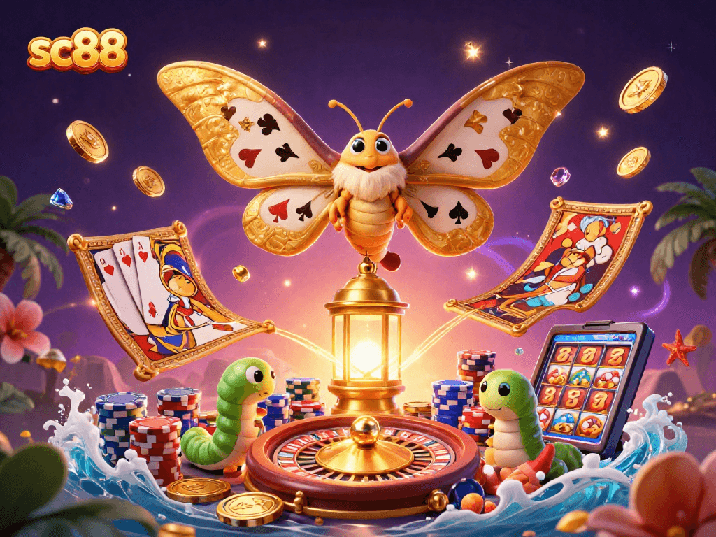 Experience thrilling gameplay with sc88, a vibrant casino scene filled with golden coins and dynamic cards.