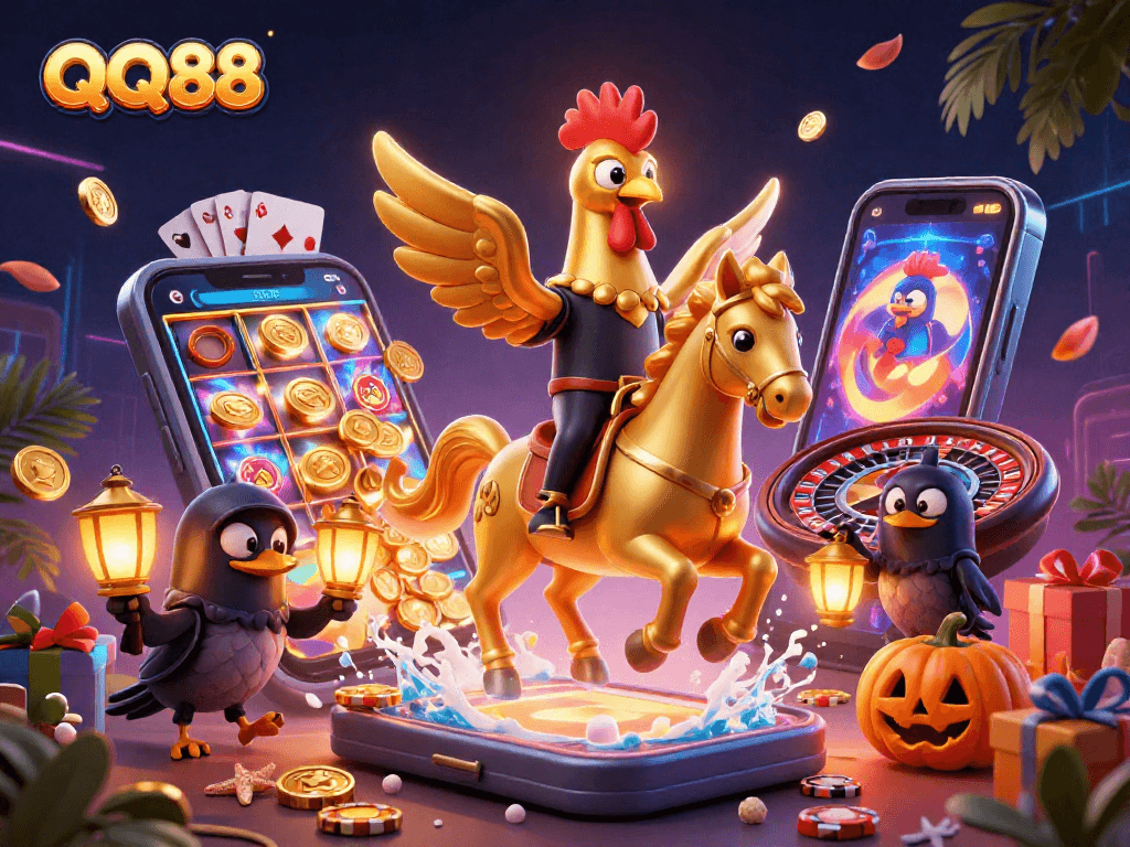 Engage with QQ88's exciting world of gaming through a vibrant casino illustration featuring dynamic characters and immersive elements.