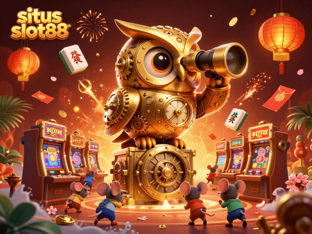 Win big with situs slot88 as a golden owl overlooks a vibrant casino floor filled with excitement.