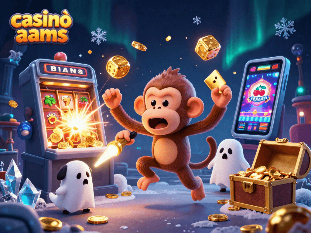 Illustrazione vivace di casinò non aams con un poltergeist scimmia e un cucciolo cacciatore di fantasmi in un ambiente magico.