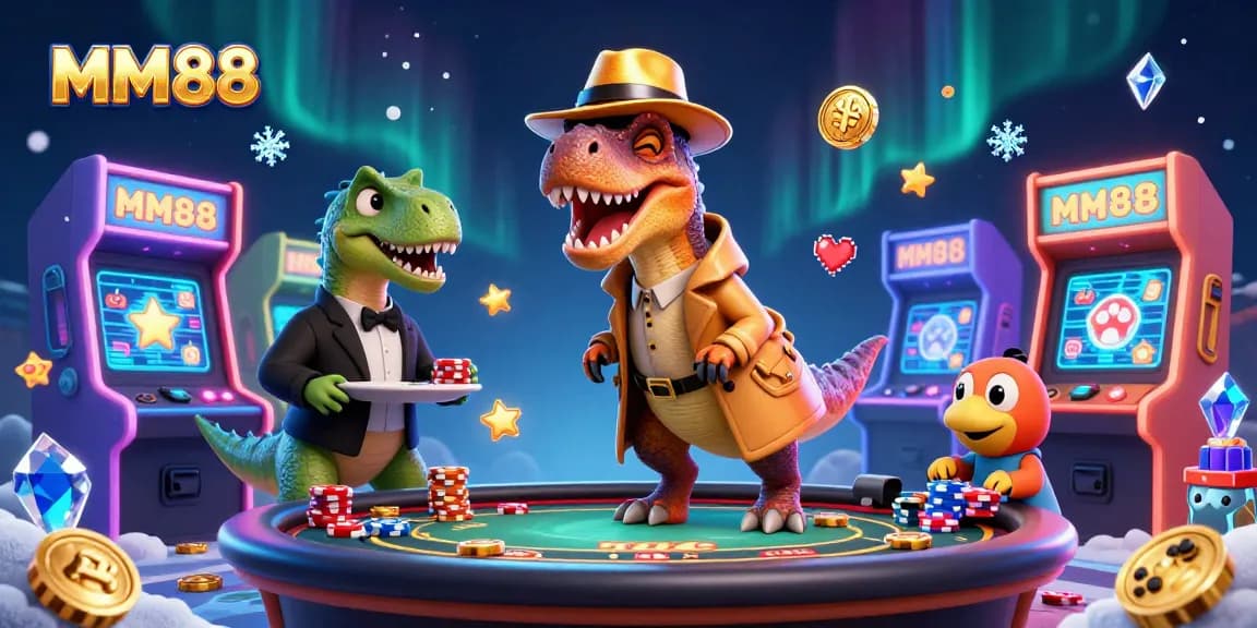 MM88 velociraptor card counter sneaks at the blackjack table amidst vibrant casino elements.