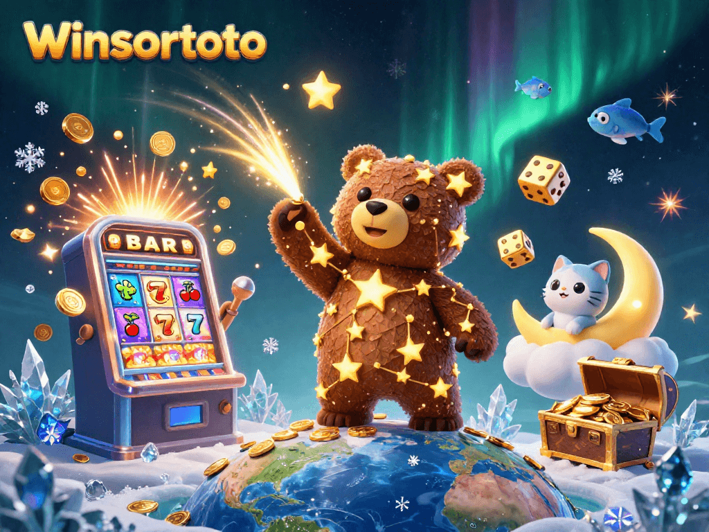 Memenangkan jackpot di winsortoto dengan mesin slot penuh koin dan karakter ceria.