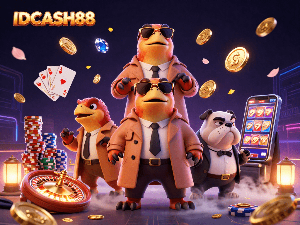 Experience the excitement of IDCASH88 slots with thrilling raptors at a casino lounge entrance.
