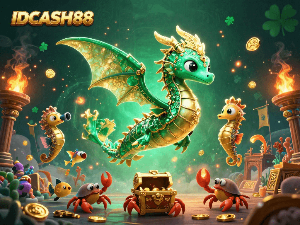 IDCASH88 showcases a vibrant underwater scene with a sea dragon and treasures, engaging players in exciting fish shooting action.