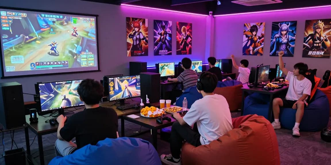 Gacha168 gaming community scene with friends strategizing around large screen during gameplay