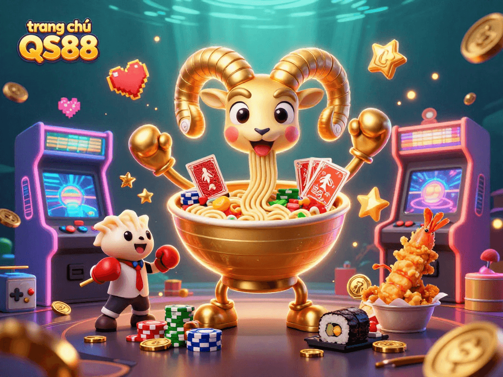 Engage with the vibrant world of trang chủ QS88 through a lively 3D casino scene filled with characters and gaming elements.