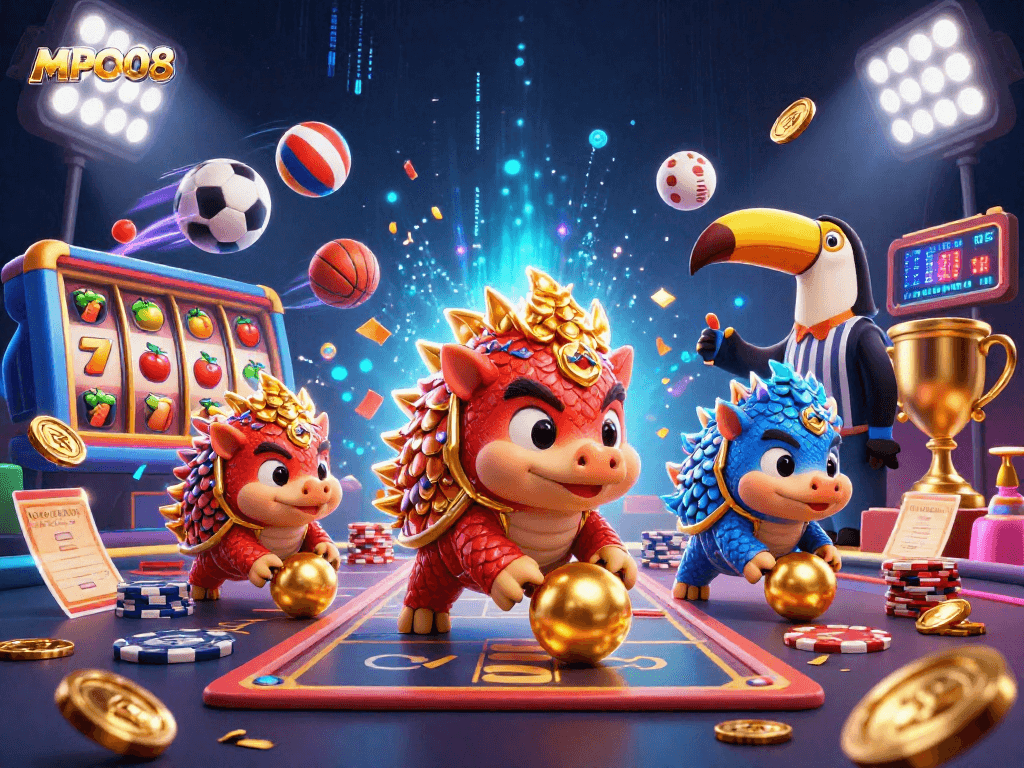 MPO08 brings thrilling slot action with dynamic pangolins in a casino setting, rolling poker chips and jackpots.