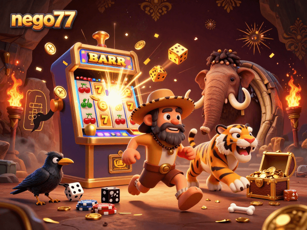 Enjoy exciting casino fun with nego77's vibrant 3D cartoon scene featuring prehistoric casino games and jackpots.
