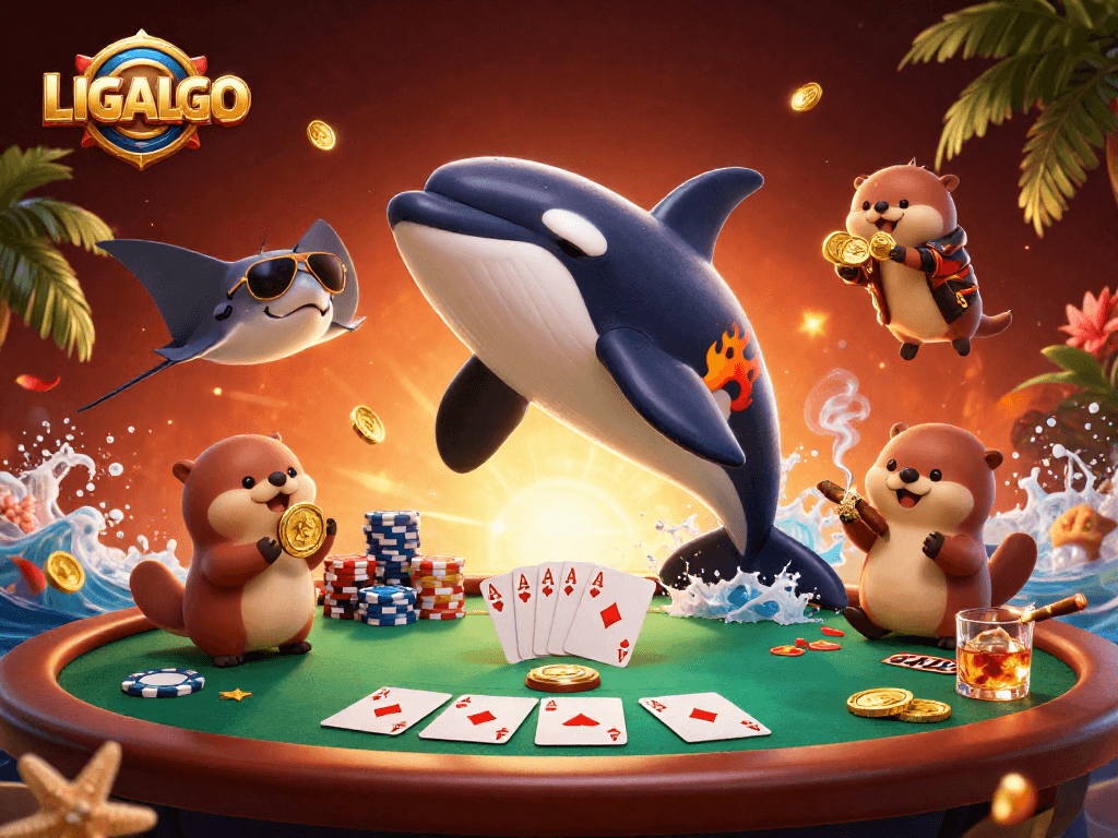 Experience LIGALGO's exciting poker scene with a stylish whale and otters celebrating wins.