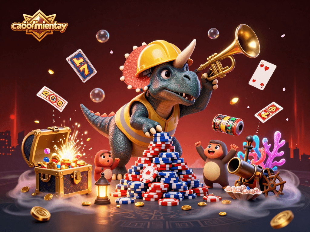Engage in thrilling challenges with caoboimientay's colorful 3D casino scene featuring poker chips and festive characters.