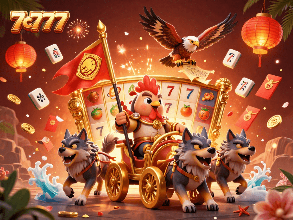 Experience thrilling action at 7c777 with a cartoon rooster warlord amidst golden chariot and jackpot symbols.