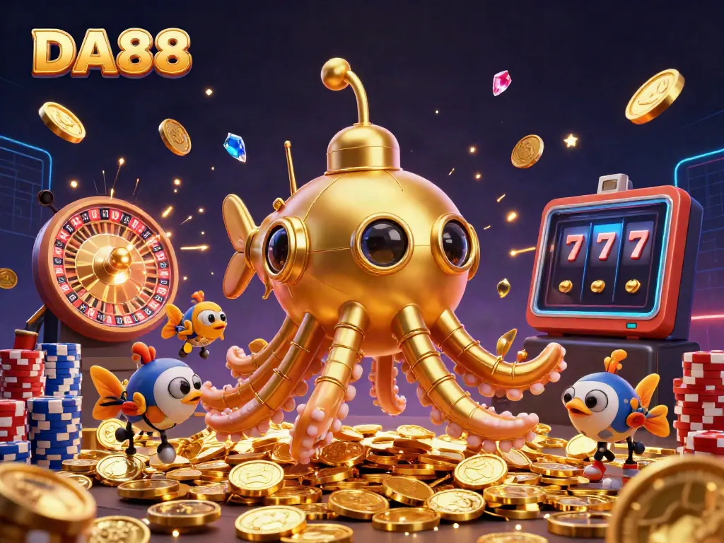 Experience the thrilling world of DA88 with a vibrant 3D casino scene filled with golden coins and lively game elements.