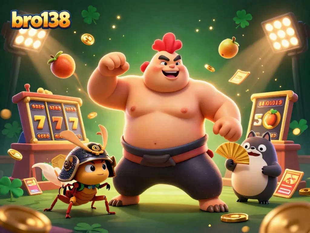 Experience thrilling slot action with bro138 as energetic characters celebrate big wins surrounded by vibrant game elements.