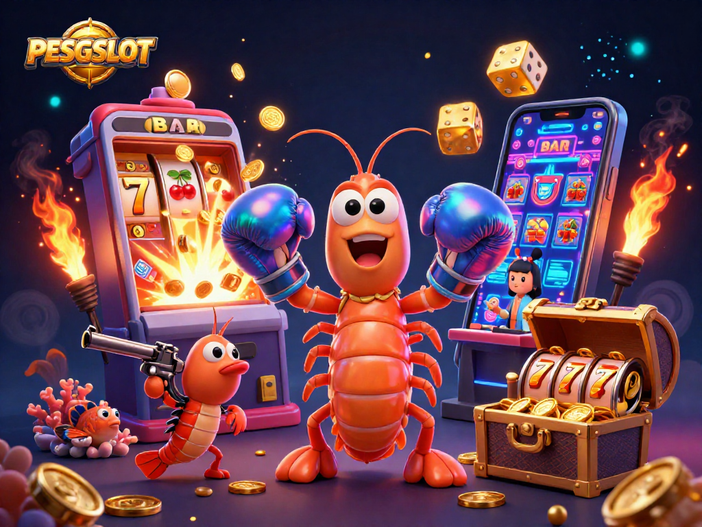 PESGSLOT menghadirkan ilustrasi 3D slot dengan karakter udang mantis di sarung tinju dan simbol keberuntungan.