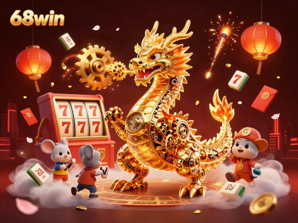 Experience thrilling wins at 68win with a dynamic casino scene featuring a golden dragon and vibrant game elements.