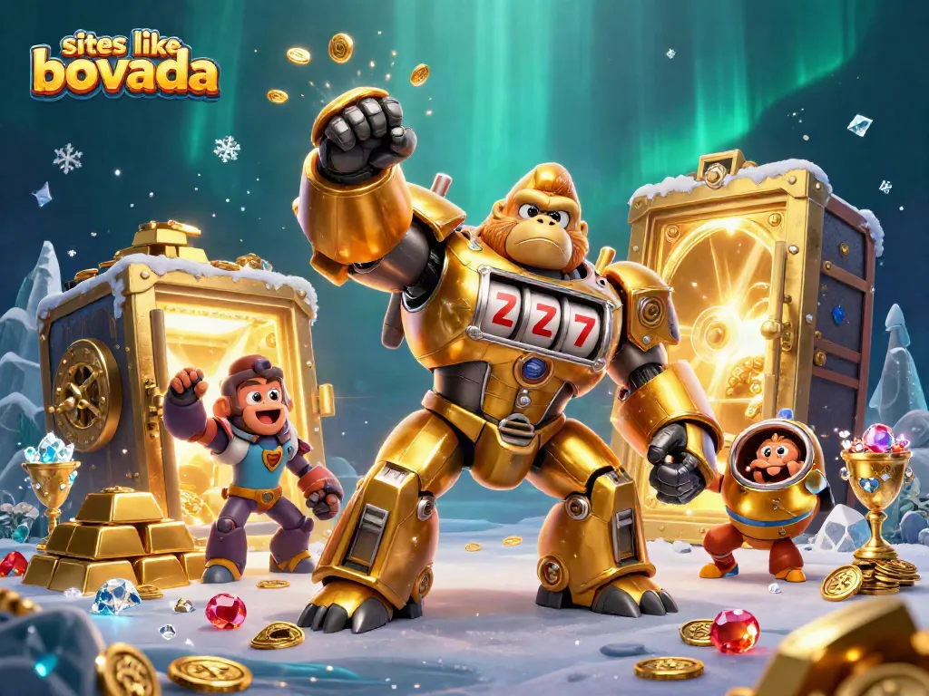 Experience high-stakes action with sites like Bovada, showcasing a golden gorilla mech amid casino treasures.