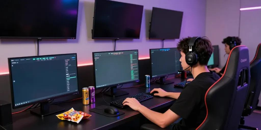Gamer focused on singatoto login in a high-tech gaming control room.