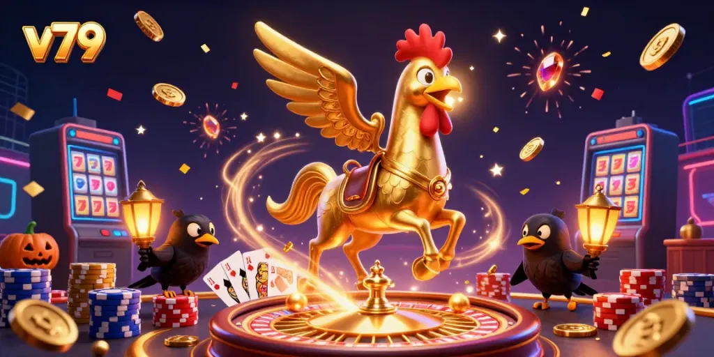 Experience the thrill of v79 casino with a vibrant scene featuring captivating characters and casino elements.