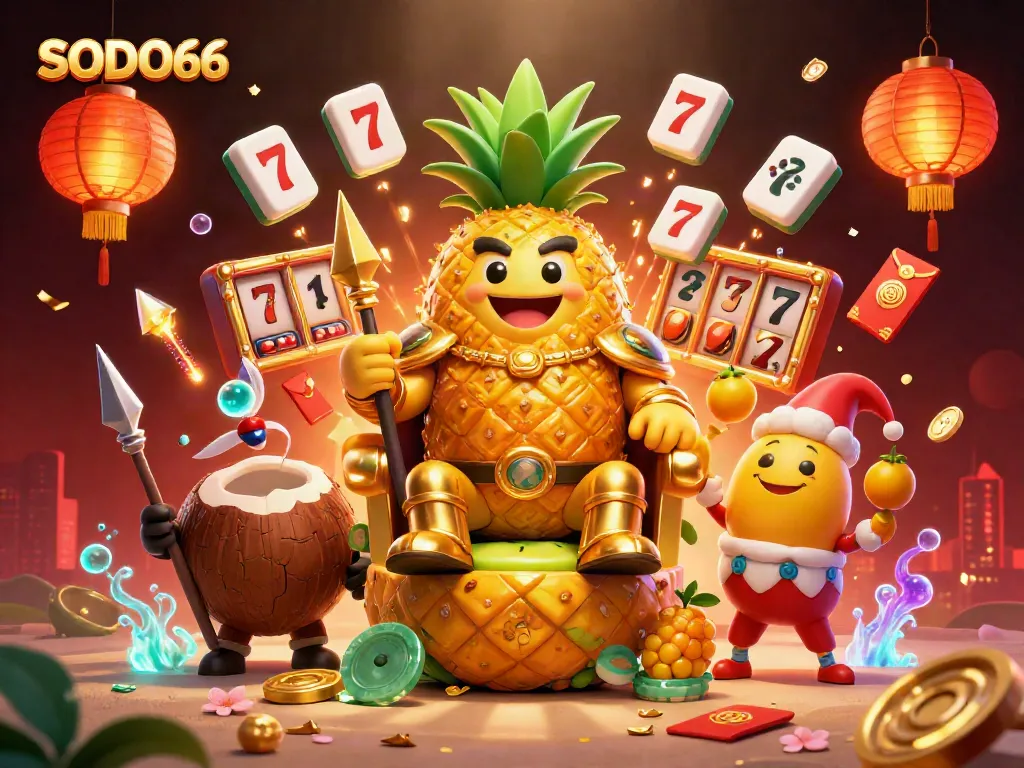 SODO66 creates winning moments with a vibrant beach casino scene featuring a golden pineapple king.