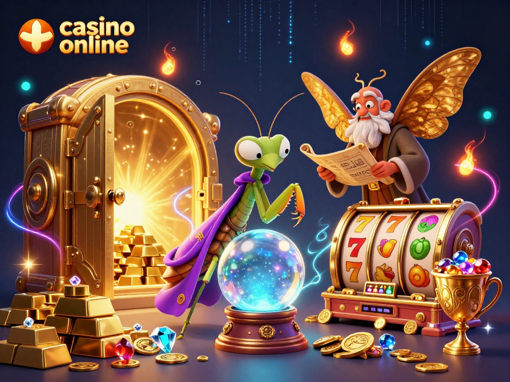Experience the thrill of casino online with vibrant characters and symbolic treasures in a dynamic illustration.