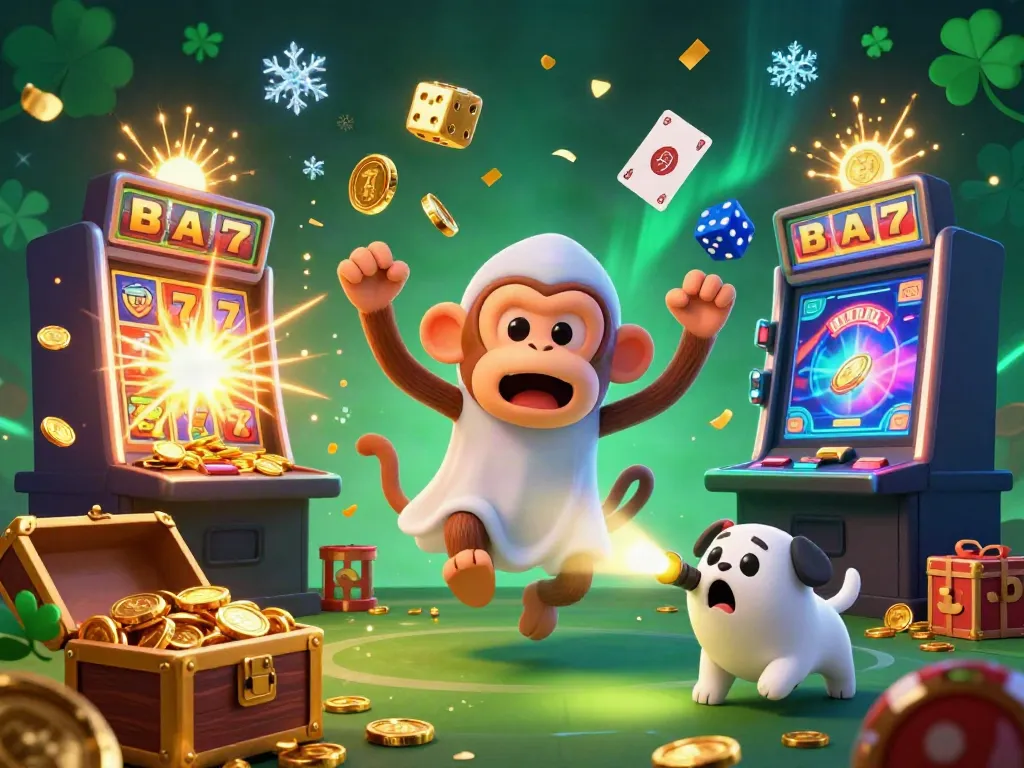 Engaging illustration of MASTER188 showcasing a mischievous poltergeist monkey juggling gold coins and a ghost-hunter puppy in a vibrant casino setting.