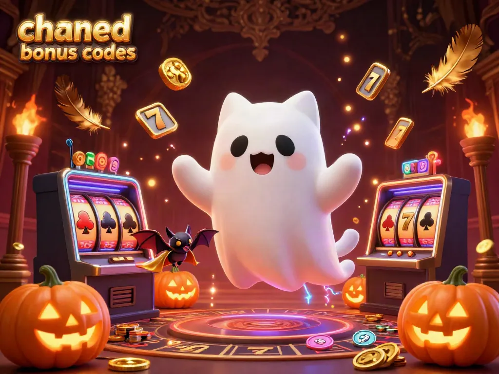 Win big with chanced casino bonus codes in this vibrant 3D gambling scene featuring a ghost cat and bat.