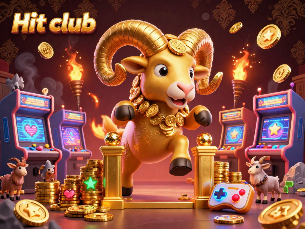 Engage with the Hit club experience through vibrant game elements and golden ram action.
