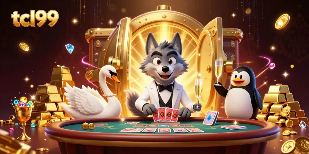 TCL99 offers an exciting baccarat scene with a debonair wolf, elegant swan, and sophisticated penguin amidst riches.