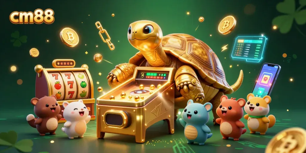 Experience thrilling games at cm88 with vibrant slot reels and a golden tortoise pinball machine.