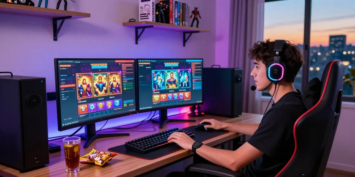 Exciting slot gacor gaming scene featuring monitors and gaming gear at home