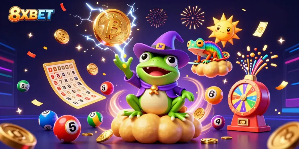 Engage with exciting 8XBET gaming visuals featuring a frog wizard, a chameleon, and vibrant lottery elements.