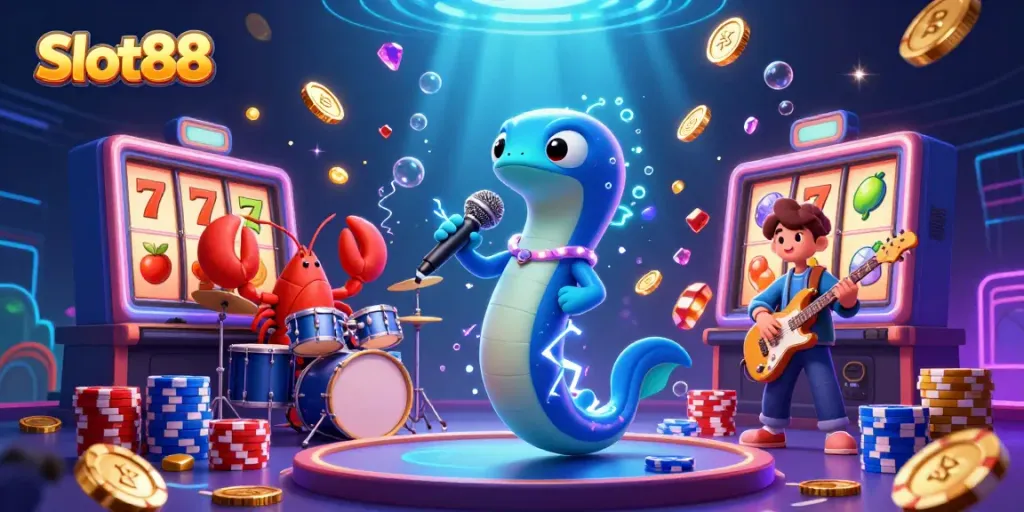 Experience Slot88's electrifying underwater casino with dynamic characters and vibrant gaming elements.