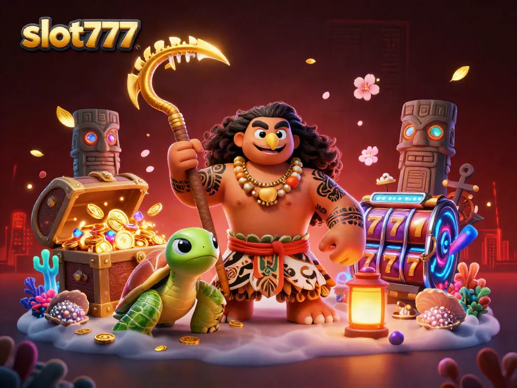 Menggandeng tema slot777, gambar khas dengan gambar dewa Maui du dengan gulungan slot dan simbol taruhan yang bercahaya.