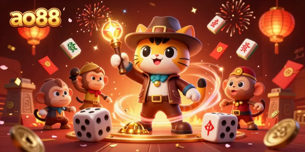 Engage with ao88's thrilling casino adventures in this vibrant 3D illustration.