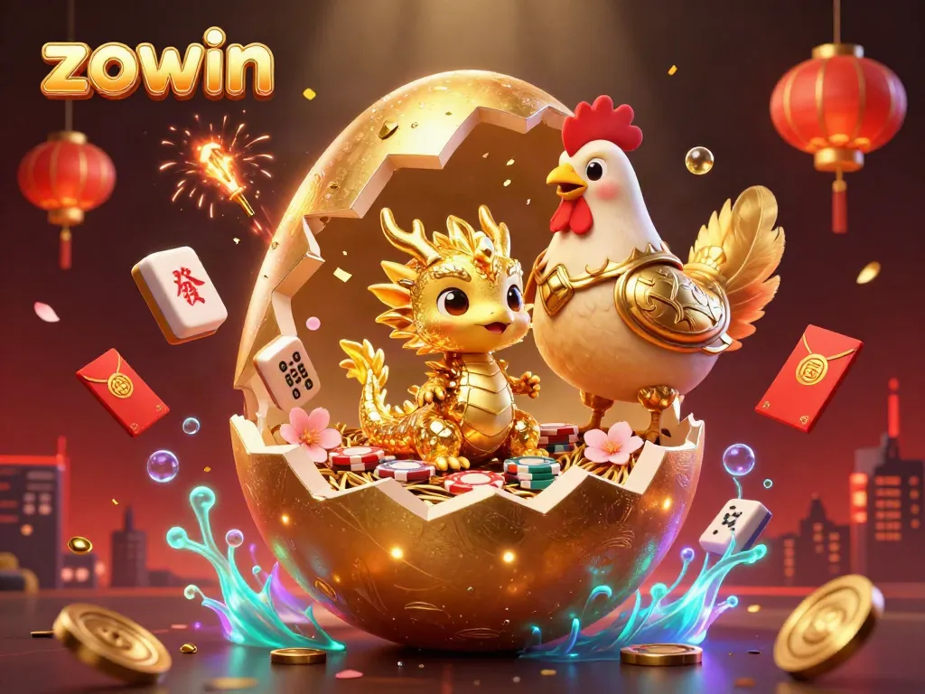 Zowin captures thrilling gambling moments with a golden dragon on poker chips, surrounded by dazzling game elements.