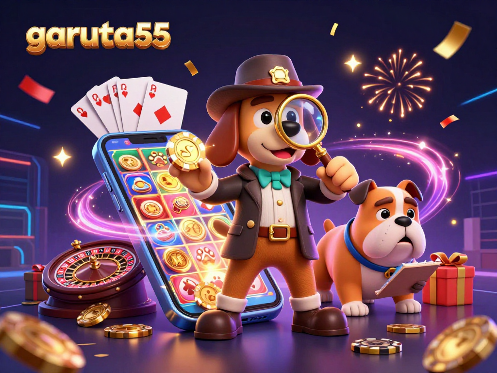 Garuda55 menampilkan detektif kartun 3D dengan petunjuk poker dan elemen permainan kasino yang meriah.