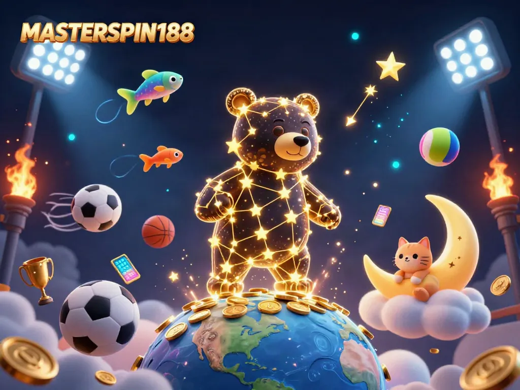 Experience winning moments with MASTERSPIN188's vibrant casino-themed illustration showcasing a lively bear and sports elements.