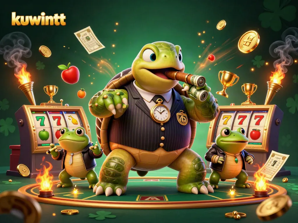 Kuwintt casino action with a cartoon snapping turtle and bullfrog enforcers amidst vibrant slot elements.